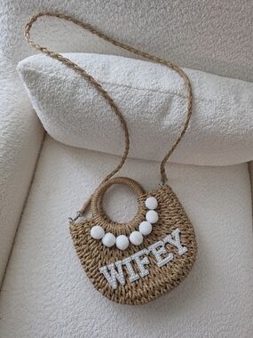 Wifey Bridal Straw Shoulder Crossbody Bag with White Bead Pearl Rhinestone